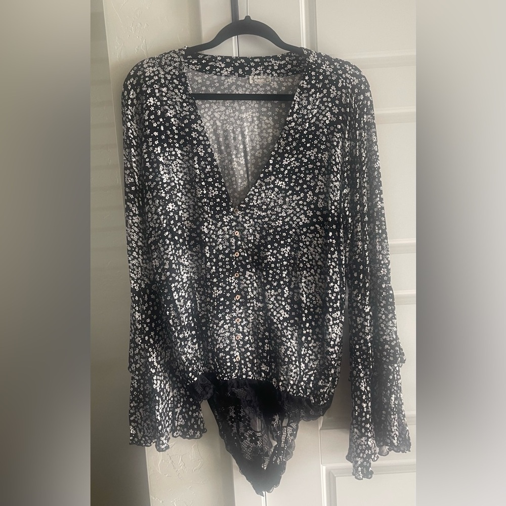Free People Black and White Ditsy Floral Bodysuit Size L